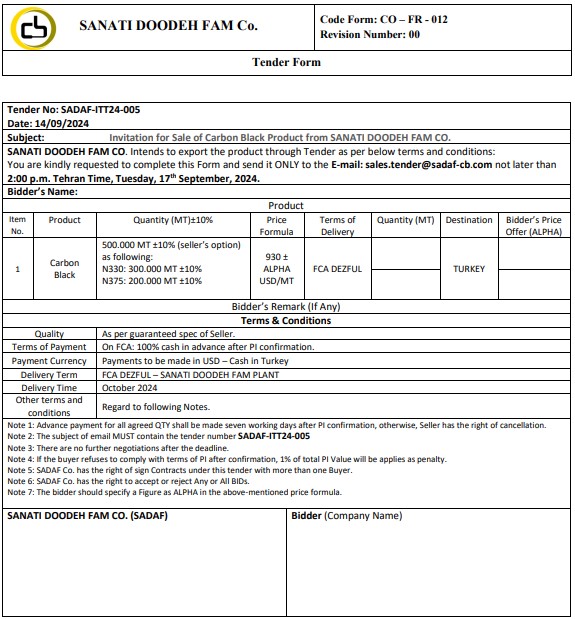 TENDER NO. SADAF-ITT24-005 FOR TURKEY MARKET